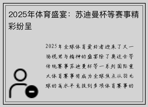 2025年体育盛宴：苏迪曼杯等赛事精彩纷呈