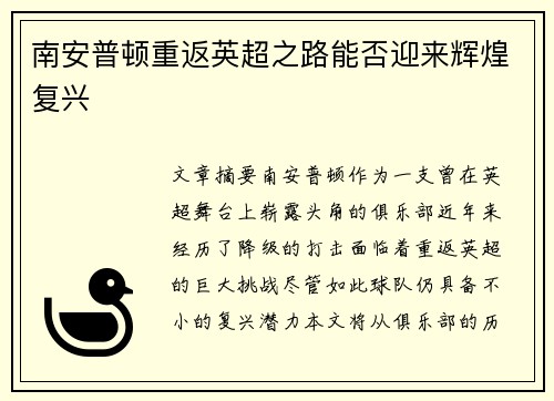 南安普顿重返英超之路能否迎来辉煌复兴
